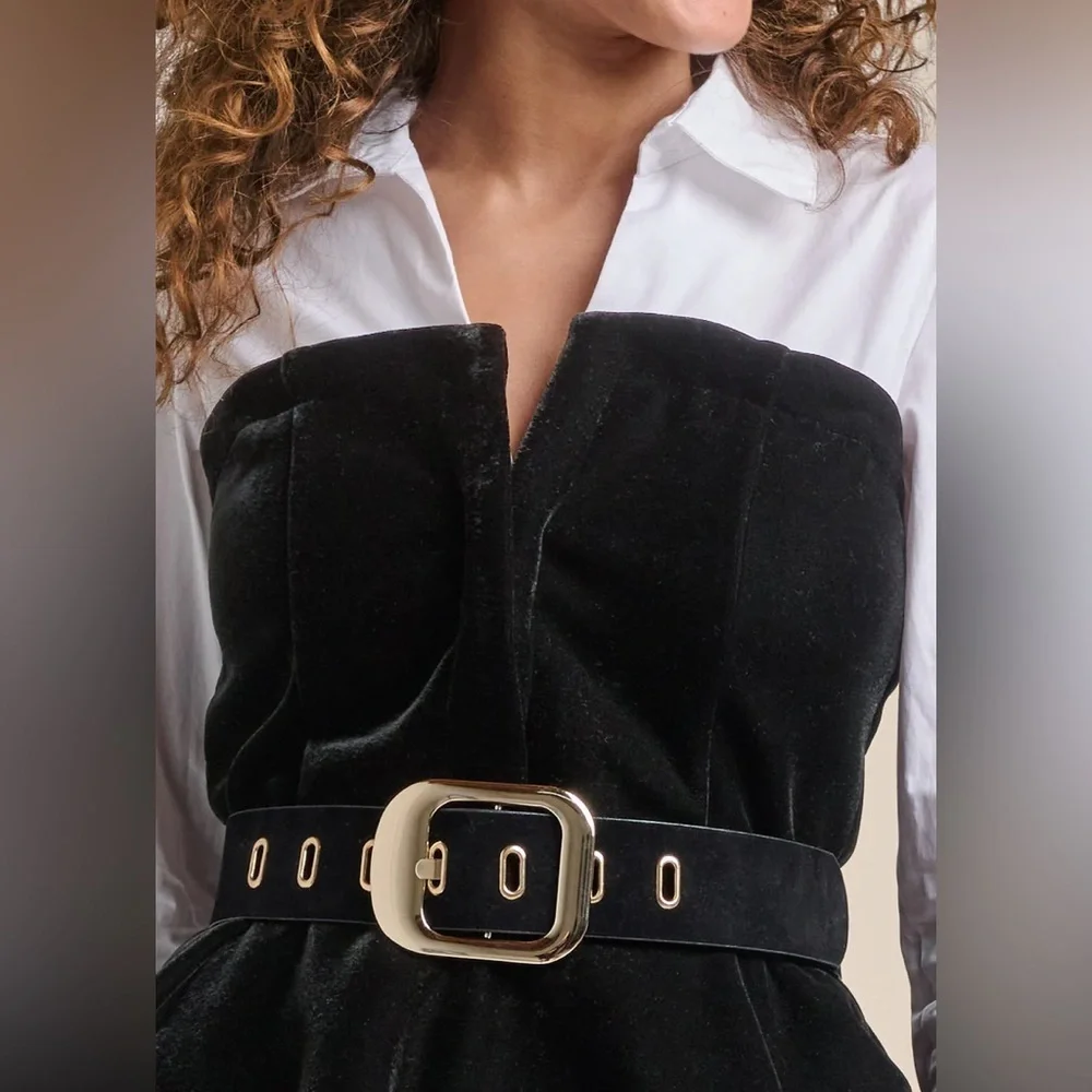 VENUS Black Velvet and White Flare Top
